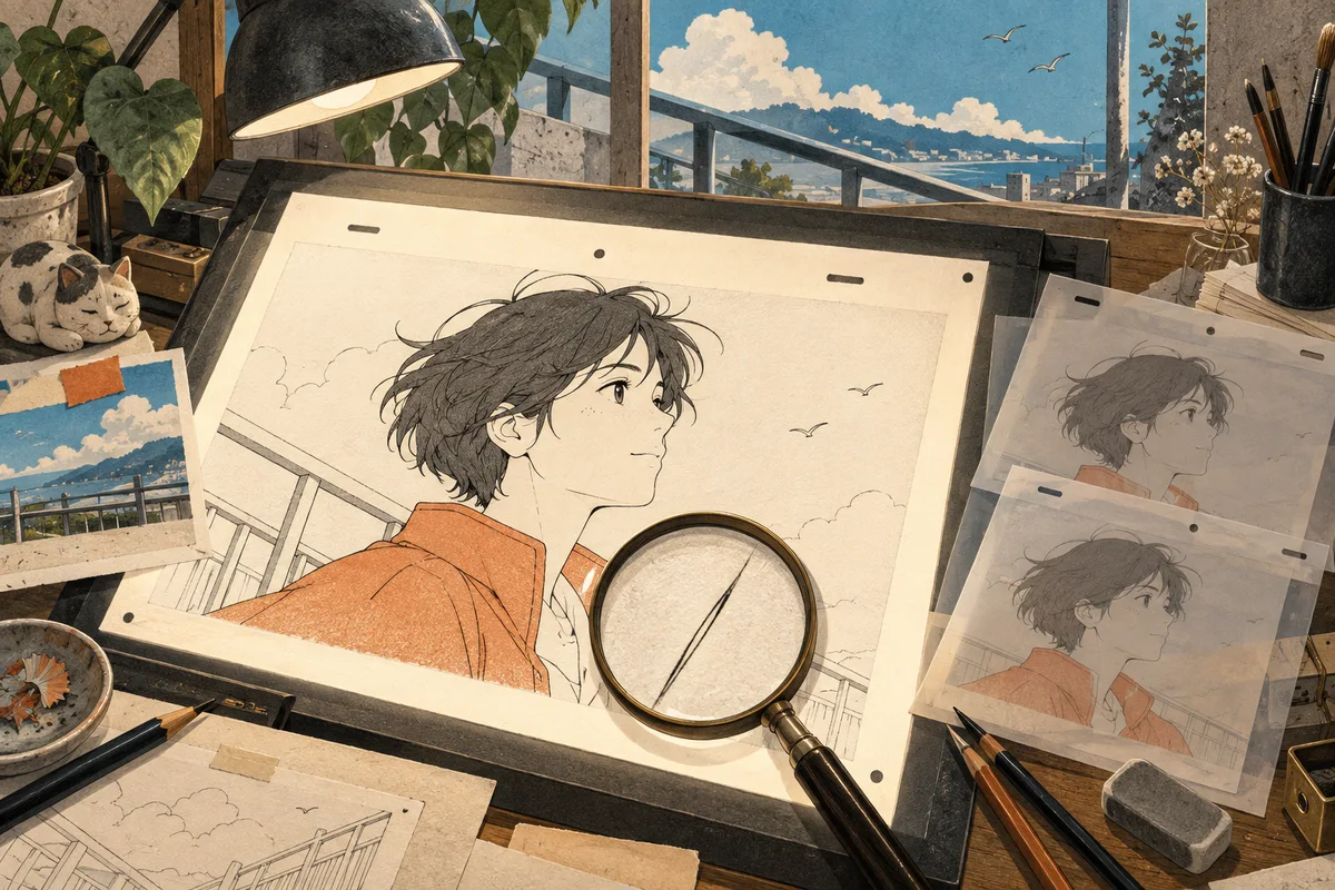 原创动画人物、动画稿与放大镜组成一幅绘画工作台插画