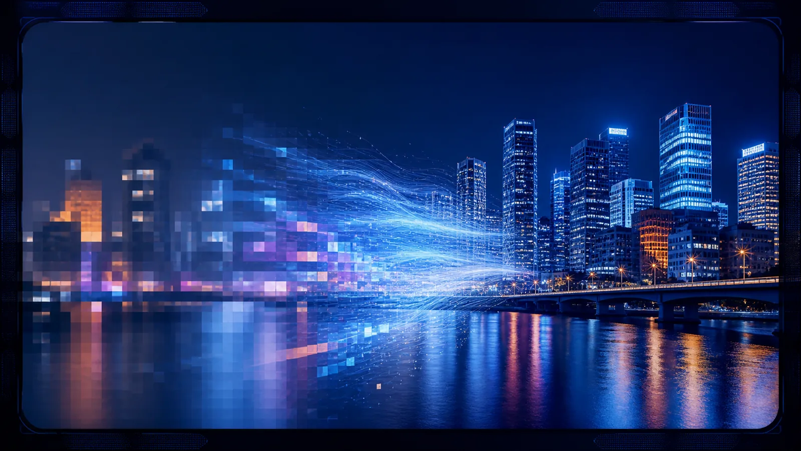 AI 视频放大将有像素感的夜景画面转化为清晰的 4K 视频帧