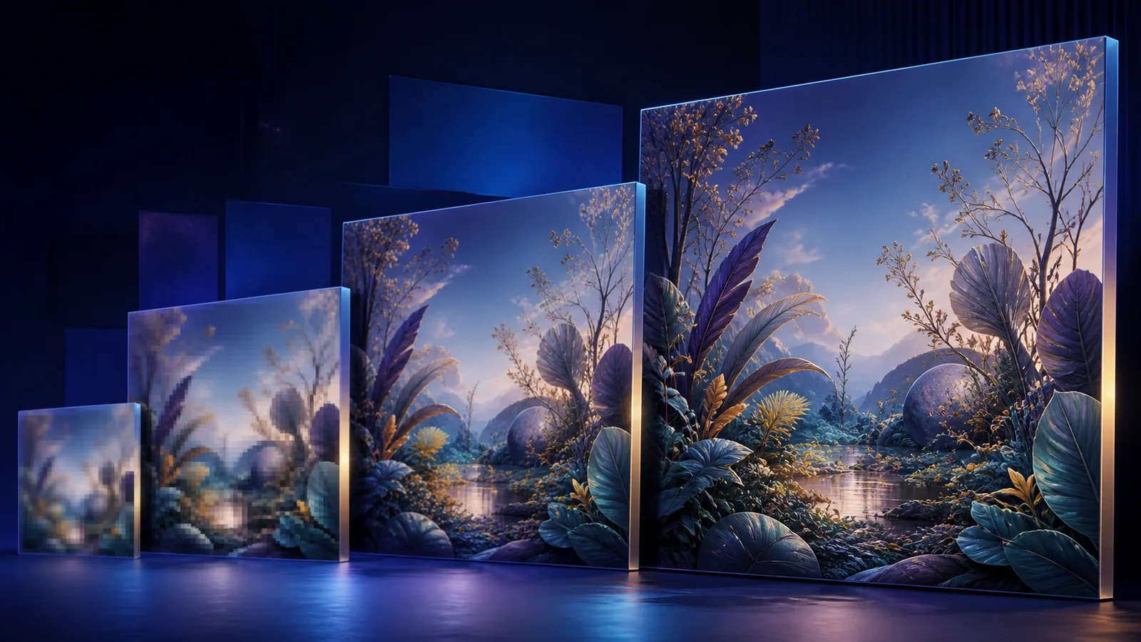 One original AI-created botanical image growing from a soft small canvas into a large detailed artwork
