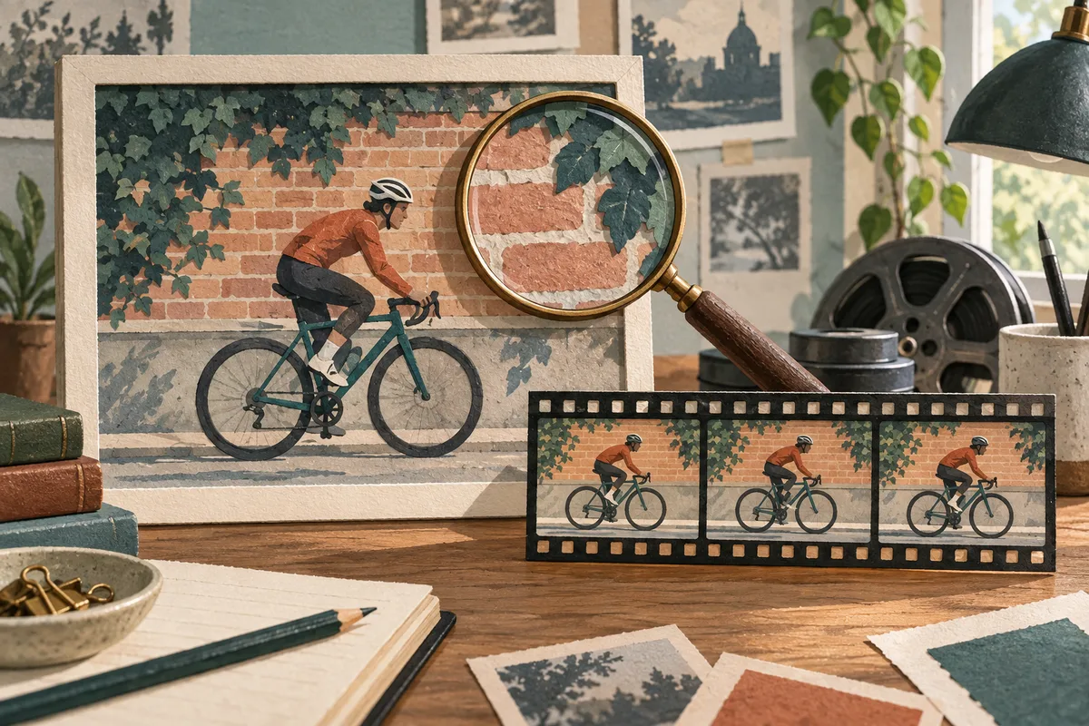 Concept illustration of a cyclist in a large video frame beside a filmstrip and a magnifying glass